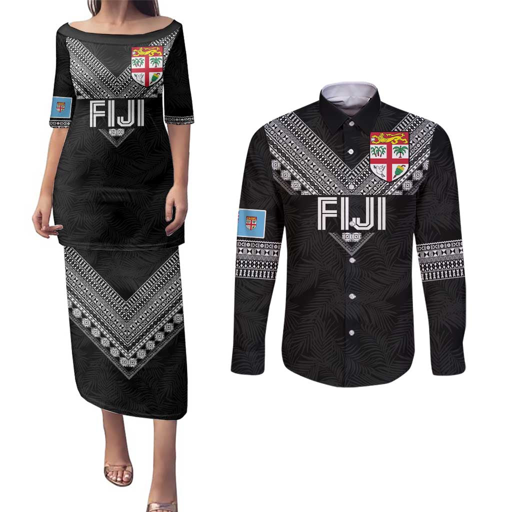 Custom Rugby Fiji Couples Matching Puletasi and Long Sleeve Button Shirt Fijian Masi Tribal Sporty Style Black Color LT03 Black - Polynesian Pride