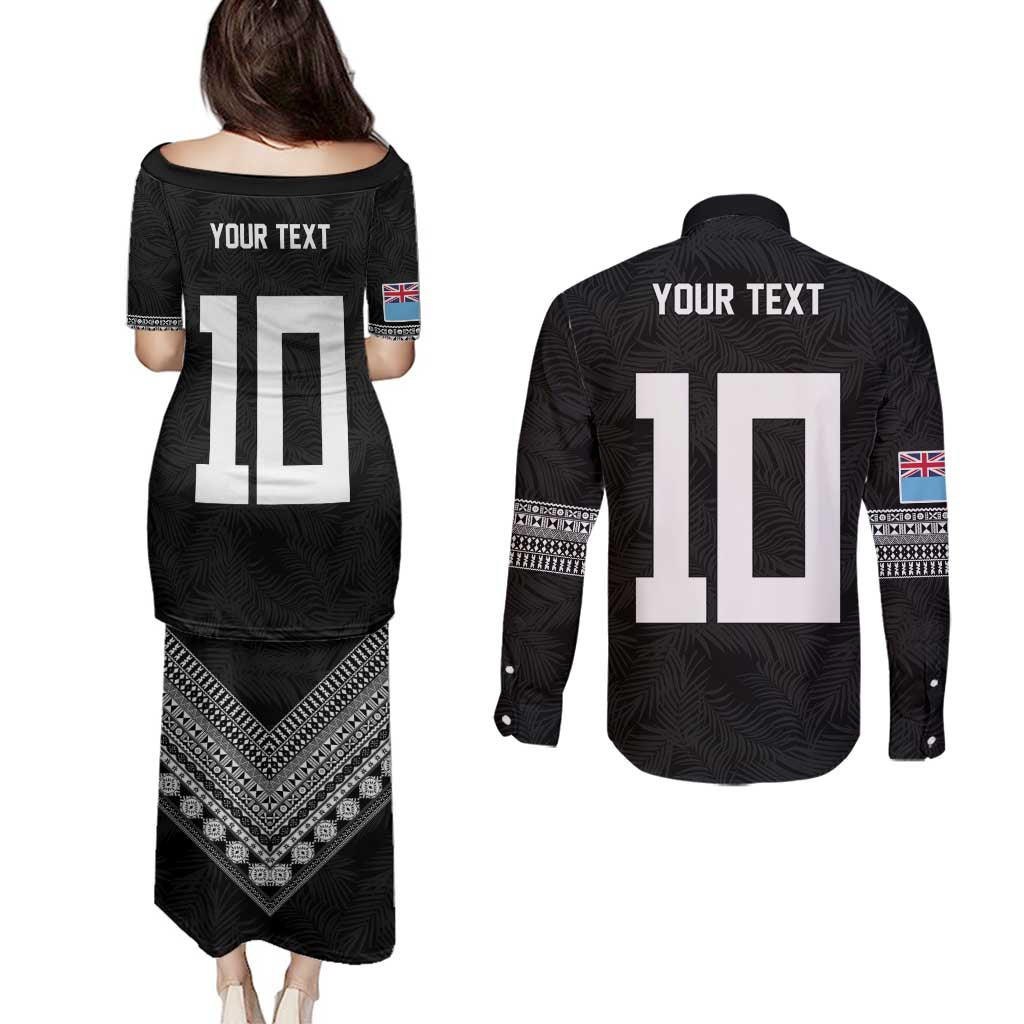 Custom Rugby Fiji Couples Matching Puletasi and Long Sleeve Button Shirt Fijian Masi Tribal Sporty Style Black Color LT03 - Polynesian Pride