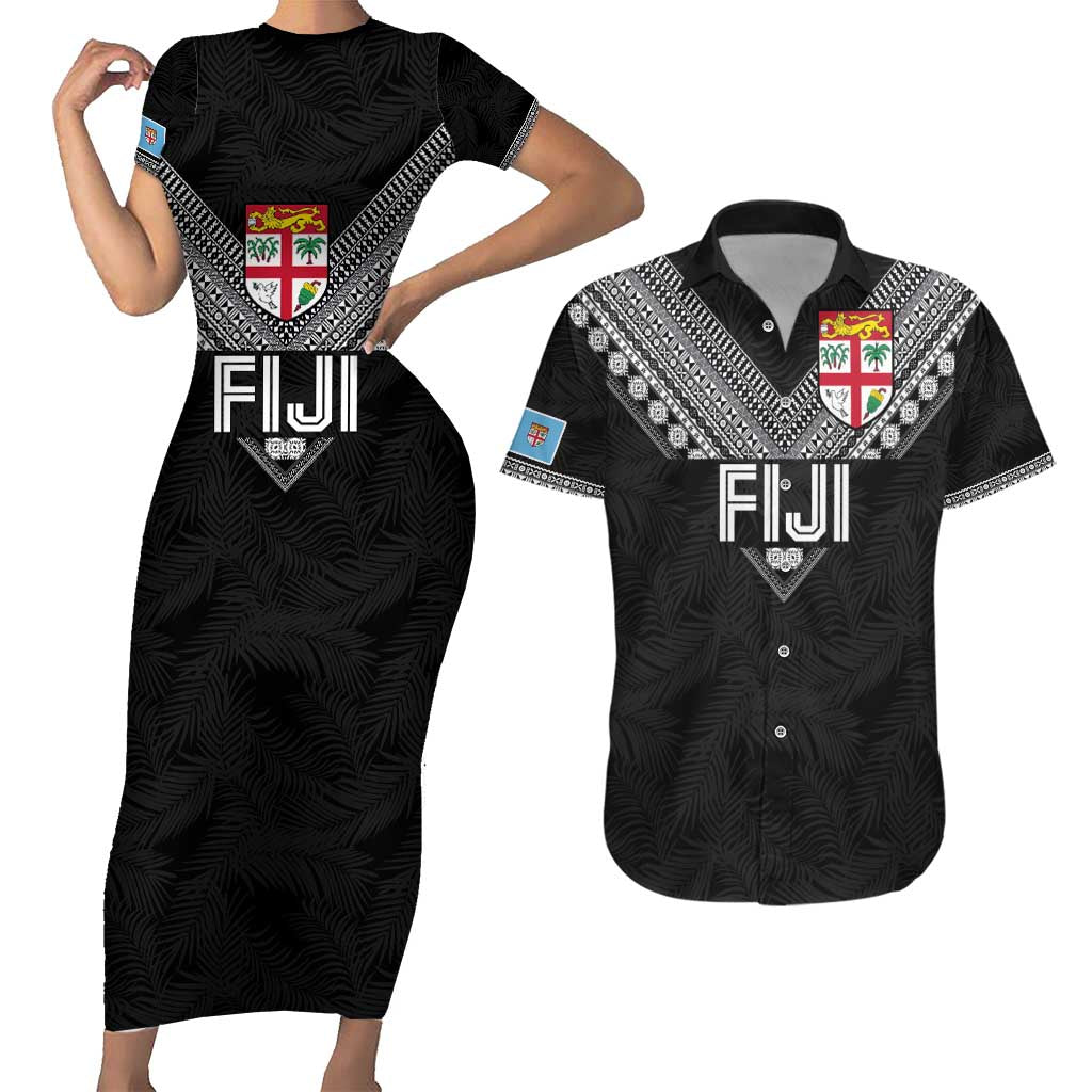 Custom Rugby Fiji Couples Matching Short Sleeve Bodycon Dress and Hawaiian Shirt Fijian Masi Tribal Sporty Style Black Color LT03 Black - Polynesian Pride