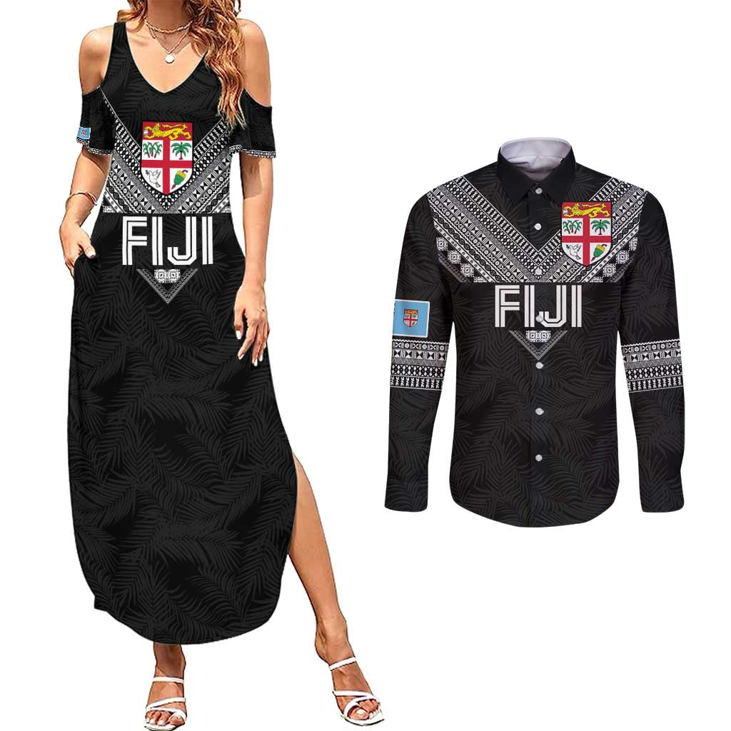Custom Rugby Fiji Couples Matching Summer Maxi Dress and Long Sleeve Button Shirt Fijian Masi Tribal Sporty Style Black Color LT03 Black - Polynesian Pride