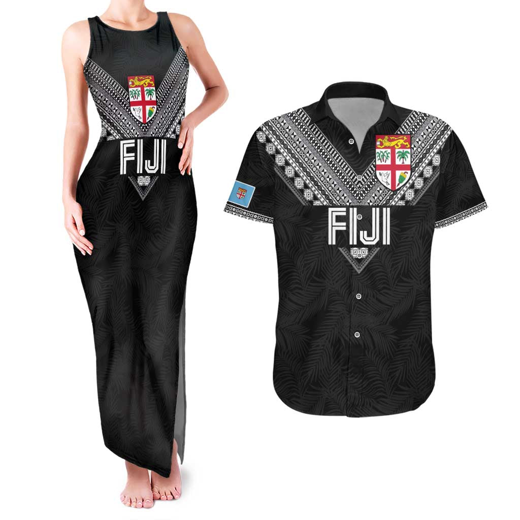 Custom Rugby Fiji Couples Matching Tank Maxi Dress and Hawaiian Shirt Fijian Masi Tribal Sporty Style Black Color LT03 Black - Polynesian Pride