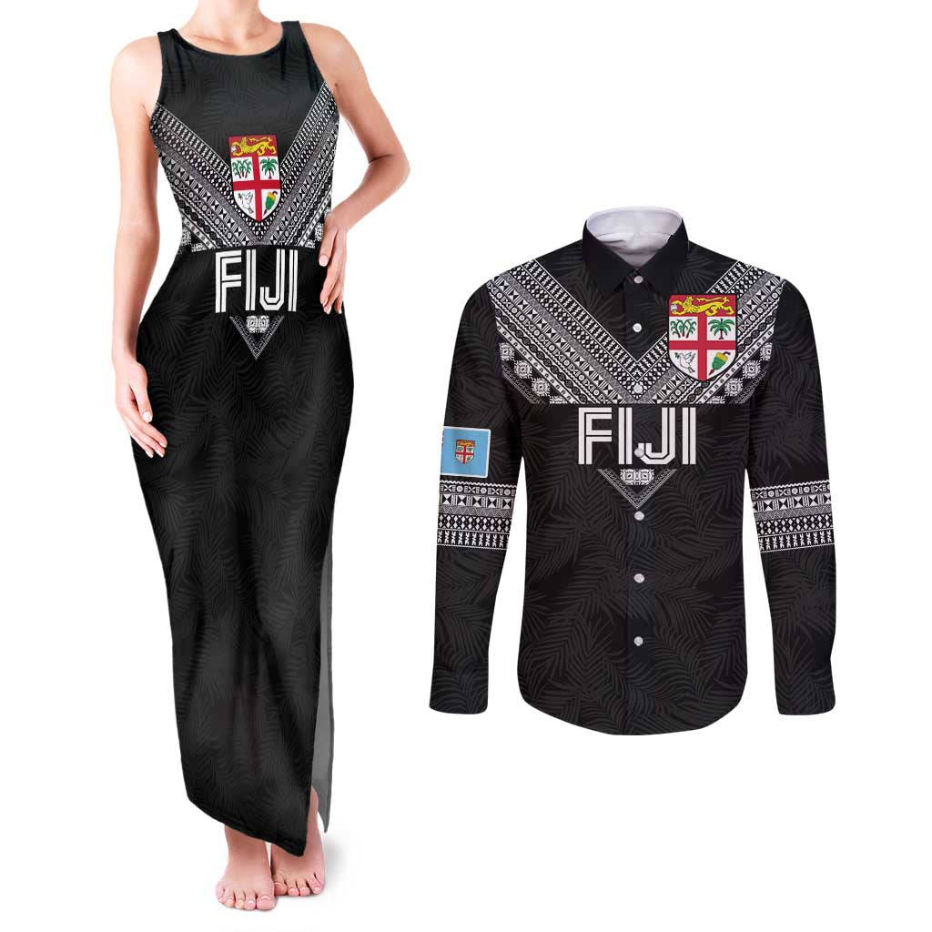 Custom Rugby Fiji Couples Matching Tank Maxi Dress and Long Sleeve Button Shirt Fijian Masi Tribal Sporty Style Black Color LT03 Black - Polynesian Pride