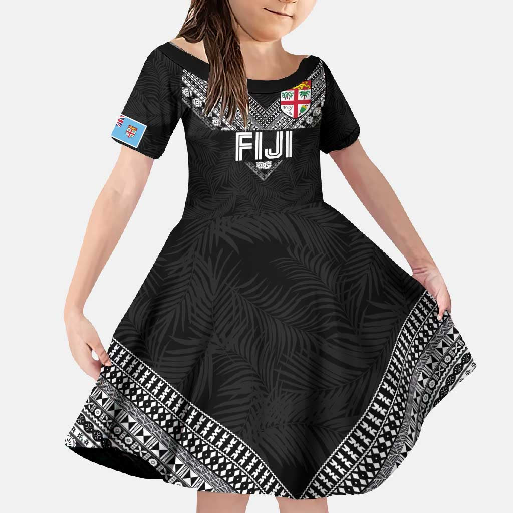Custom Rugby Fiji Family Matching Long Sleeve Bodycon Dress and Hawaiian Shirt Fijian Masi Tribal Sporty Style Black Color LT03 Daughter's Dress Black - Polynesian Pride