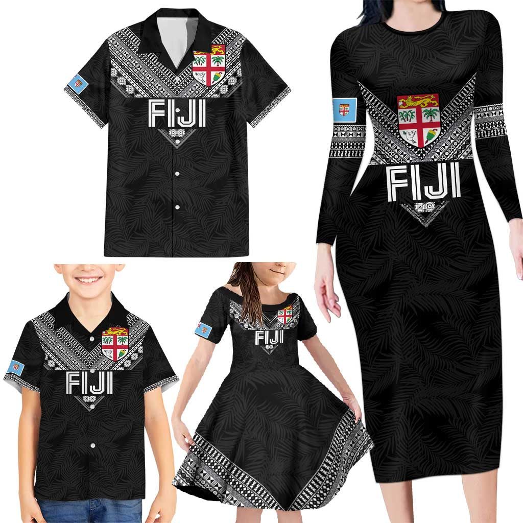 Custom Rugby Fiji Family Matching Long Sleeve Bodycon Dress and Hawaiian Shirt Fijian Masi Tribal Sporty Style Black Color - Polynesian Pride