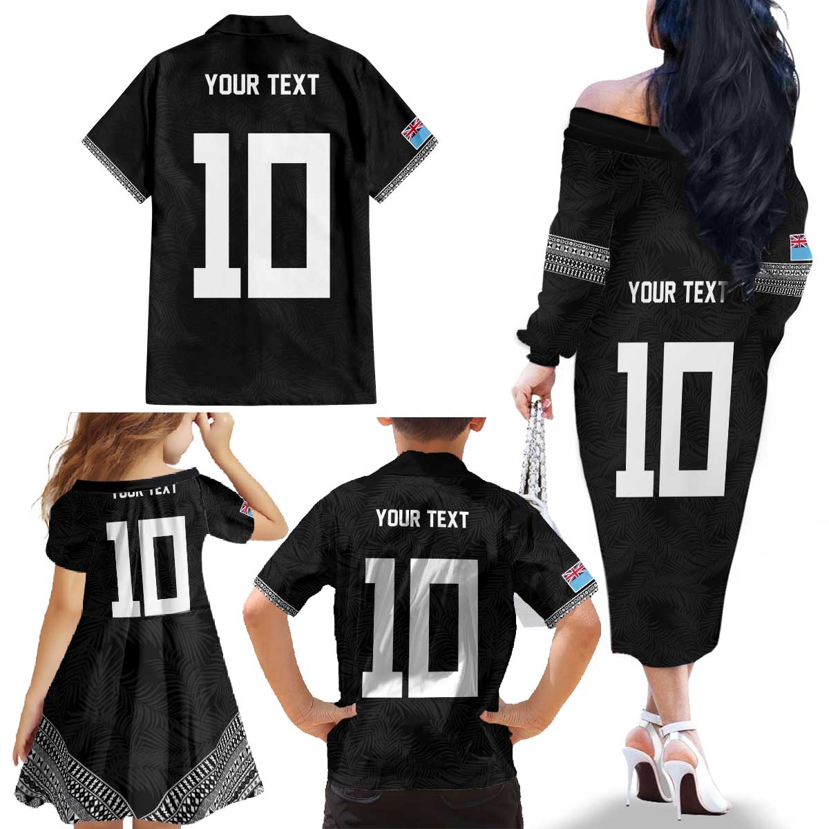 Custom Rugby Fiji Family Matching Off The Shoulder Long Sleeve Dress and Hawaiian Shirt Fijian Masi Tribal Sporty Style Black Color LT03 - Polynesian Pride