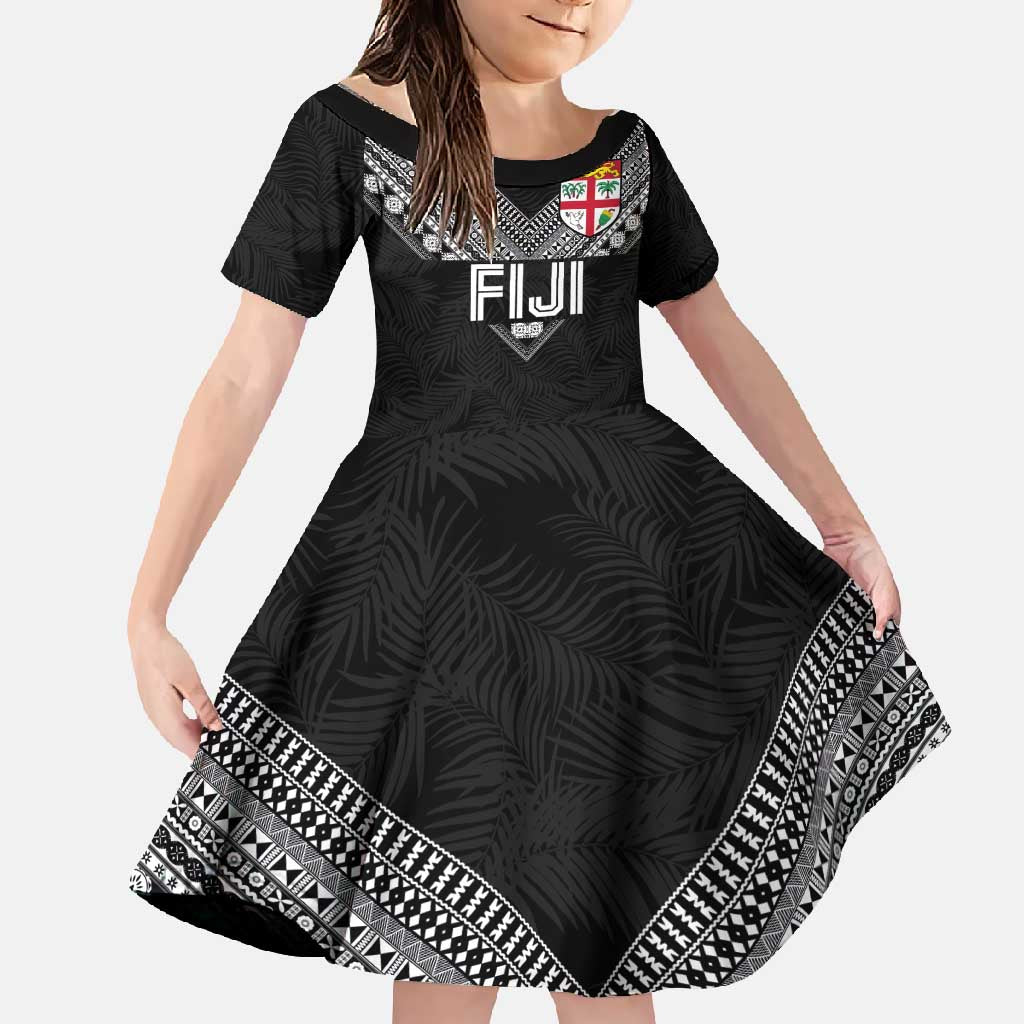 Custom Rugby Fiji Family Matching Off Shoulder Maxi Dress and Hawaiian Shirt Fijian Masi Tribal Sporty Style Black Color LT03 Daughter's Dress Black - Polynesian Pride