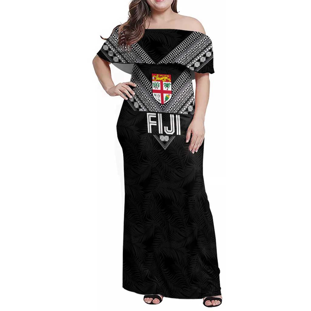Custom Rugby Fiji Family Matching Off Shoulder Maxi Dress and Hawaiian Shirt Fijian Masi Tribal Sporty Style Black Color LT03 Mom's Dress Black - Polynesian Pride