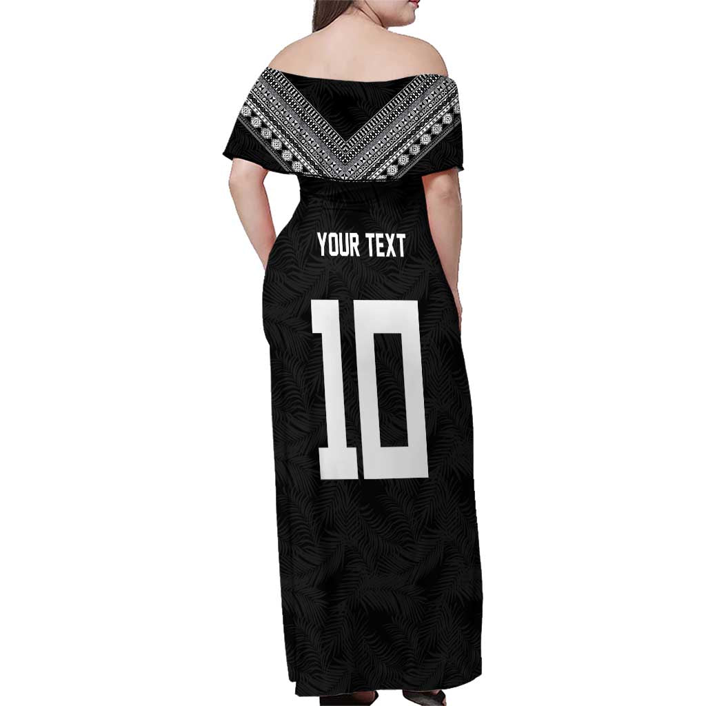 Custom Rugby Fiji Family Matching Off Shoulder Maxi Dress and Hawaiian Shirt Fijian Masi Tribal Sporty Style Black Color LT03 - Polynesian Pride