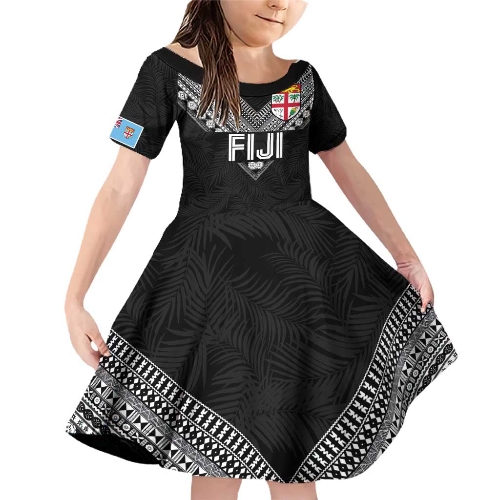 Custom Rugby Fiji Family Matching Off Shoulder Short Dress and Hawaiian Shirt Fijian Masi Tribal Sporty Style Black Color LT03 Daughter's Dress Black - Polynesian Pride