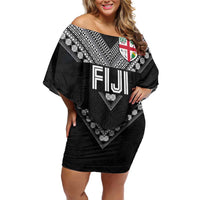 Custom Rugby Fiji Family Matching Off Shoulder Short Dress and Hawaiian Shirt Fijian Masi Tribal Sporty Style Black Color LT03 Mom's Dress Black - Polynesian Pride