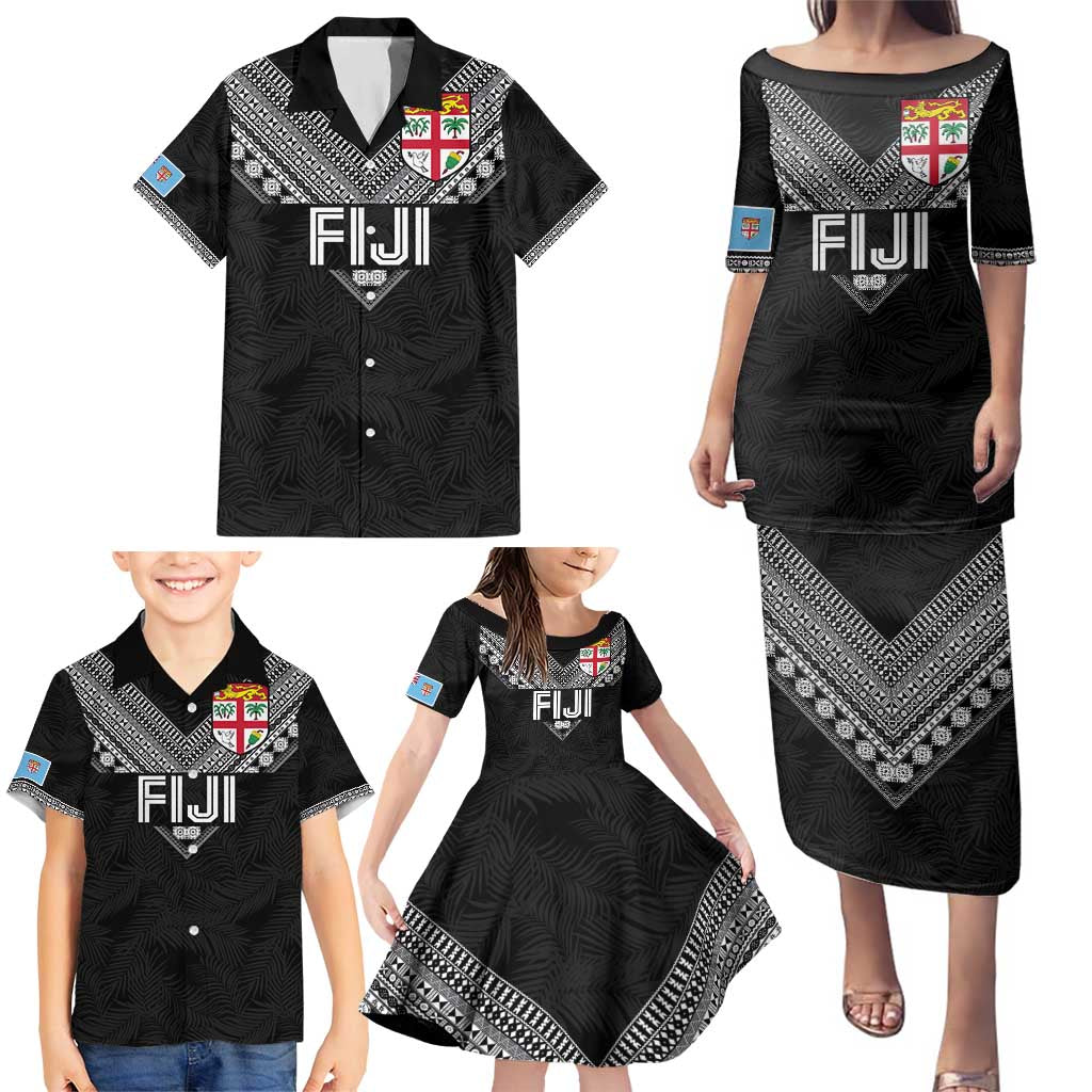 Custom Rugby Fiji Family Matching Puletasi and Hawaiian Shirt Fijian Masi Tribal Sporty Style Black Color LT03 - Polynesian Pride