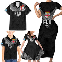Custom Rugby Fiji Family Matching Short Sleeve Bodycon Dress and Hawaiian Shirt Fijian Masi Tribal Sporty Style Black Color LT03 - Polynesian Pride
