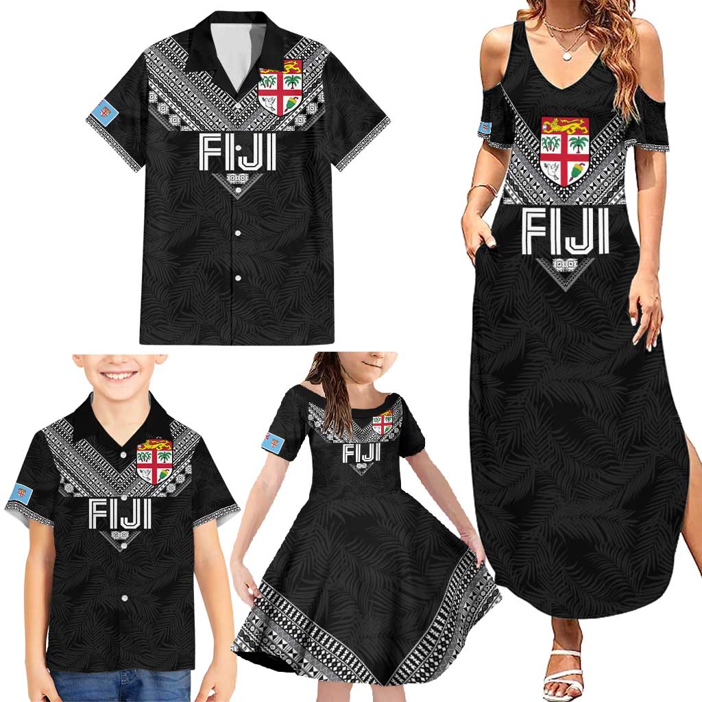 Custom Rugby Fiji Family Matching Summer Maxi Dress and Hawaiian Shirt Fijian Masi Tribal Sporty Style Black Color - Polynesian Pride