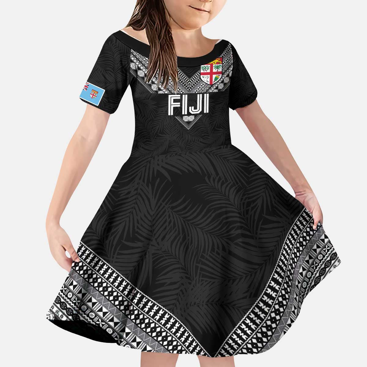 Custom Rugby Fiji Kid Short Sleeve Dress Fijian Masi Tribal Sporty Style Black Color LT03 KID Black - Polynesian Pride