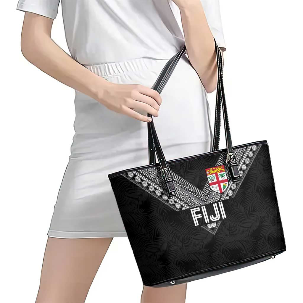 Rugby Fiji Leather Tote Bag Fijian Masi Tribal Sporty Style Black Color LT03 - Polynesian Pride
