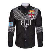 Custom Rugby Fiji Long Sleeve Button Shirt Fijian Masi Tribal Sporty Style Black Color LT03 Unisex Black - Polynesian Pride