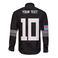Custom Rugby Fiji Long Sleeve Button Shirt Fijian Masi Tribal Sporty Style Black Color LT03 - Polynesian Pride