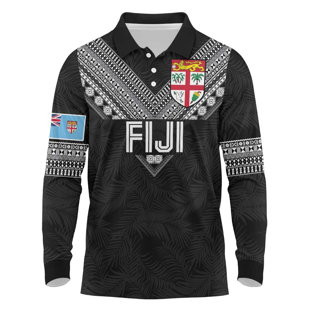 Custom Rugby Fiji Long Sleeve Polo Shirt Fijian Masi Tribal Sporty Style Black Color LT03 Black - Polynesian Pride