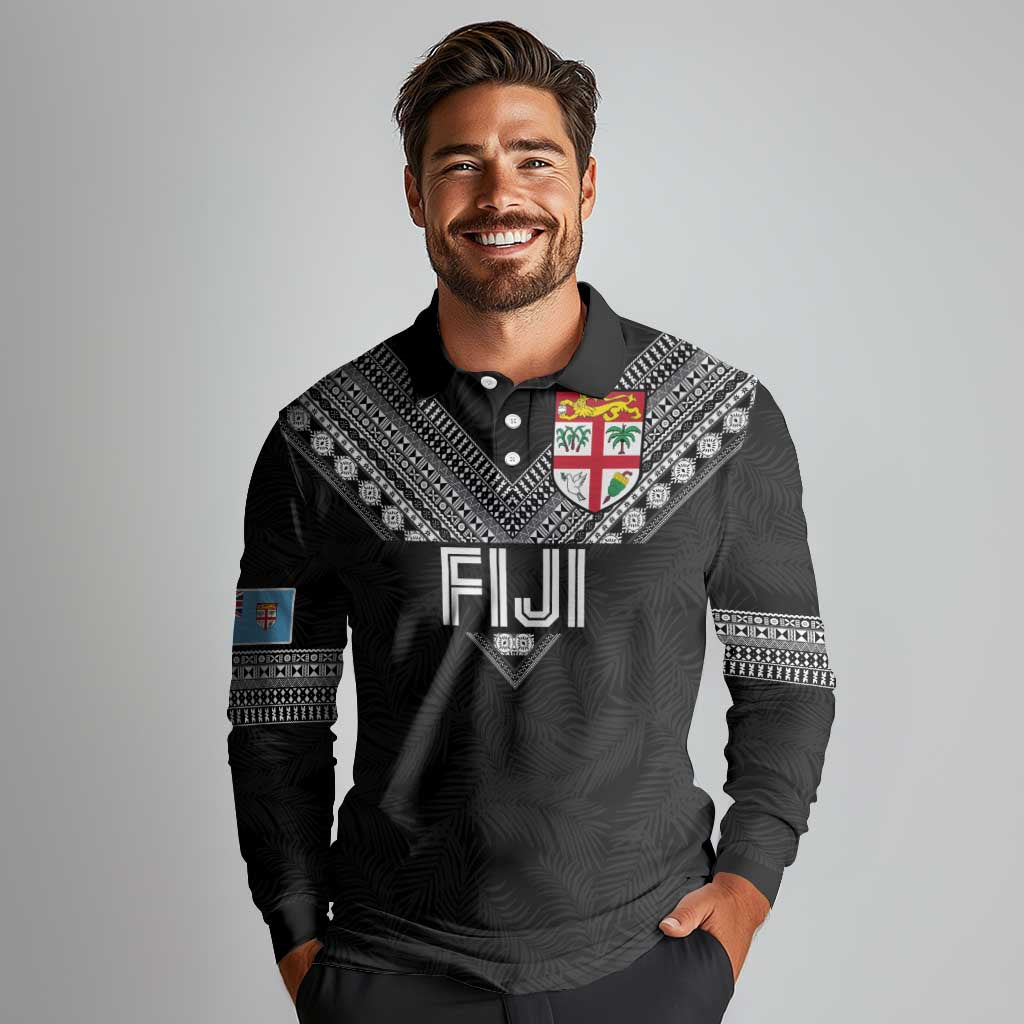 Custom Rugby Fiji Long Sleeve Polo Shirt Fijian Masi Tribal Sporty Style Black Color LT03 - Polynesian Pride