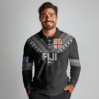 Custom Rugby Fiji Long Sleeve Polo Shirt Fijian Masi Tribal Sporty Style Black Color LT03 - Polynesian Pride
