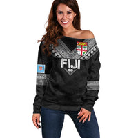 Custom Rugby Fiji Off Shoulder Sweater Fijian Masi Tribal Sporty Style Black Color LT03 Women Black - Polynesian Pride