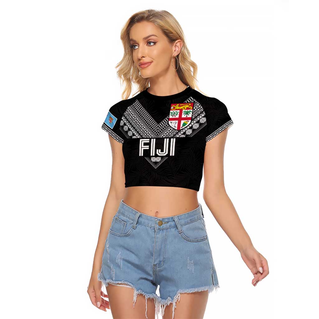Custom Rugby Fiji Raglan Cropped T Shirt Fijian Masi Tribal Sporty Style Black Color LT03 Female Black - Polynesian Pride