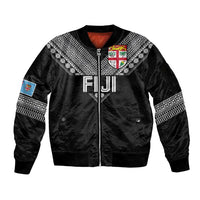 Custom Rugby Fiji Sleeve Zip Bomber Jacket Fijian Masi Tribal Sporty Style Black Color LT03 Unisex Black - Polynesian Pride