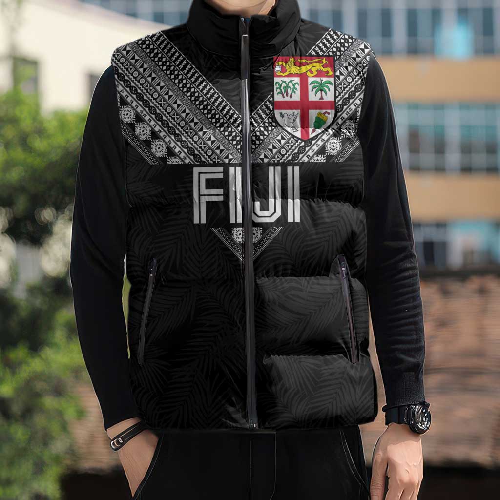 Custom Rugby Fiji Sleeveless Puffer Jacket Fijian Masi Tribal Sporty Style Black Color LT03 - Polynesian Pride
