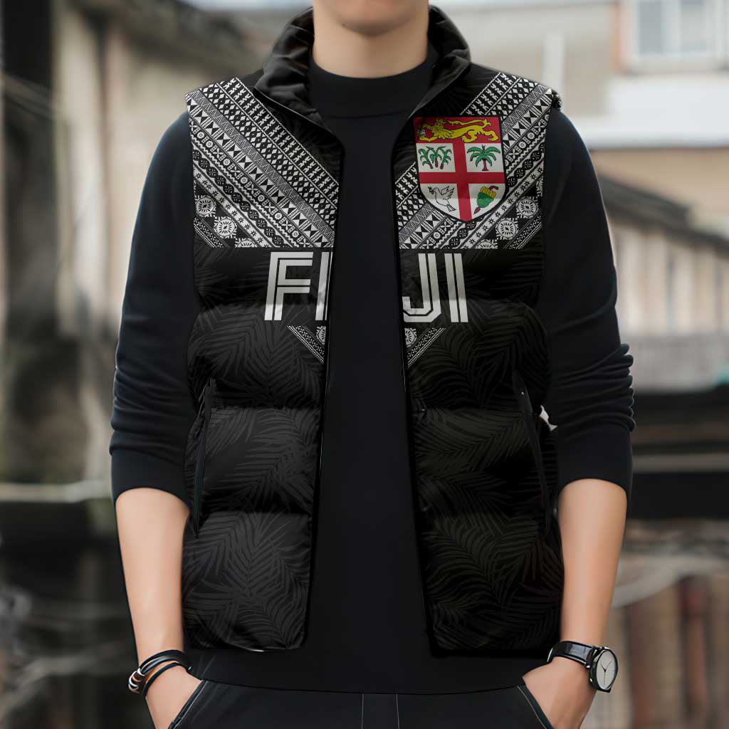 Custom Rugby Fiji Sleeveless Puffer Jacket Fijian Masi Tribal Sporty Style Black Color LT03 - Polynesian Pride
