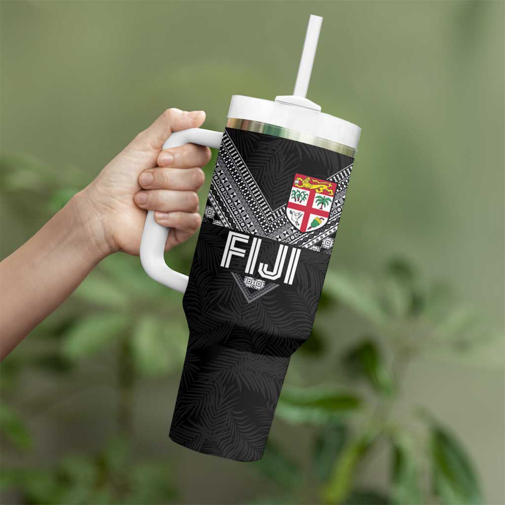 Custom Rugby Fiji Tumbler With Handle Fijian Masi Tribal Sporty Style Black Color LT03 - Polynesian Pride