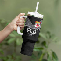 Custom Rugby Fiji Tumbler With Handle Fijian Masi Tribal Sporty Style Black Color LT03 - Polynesian Pride