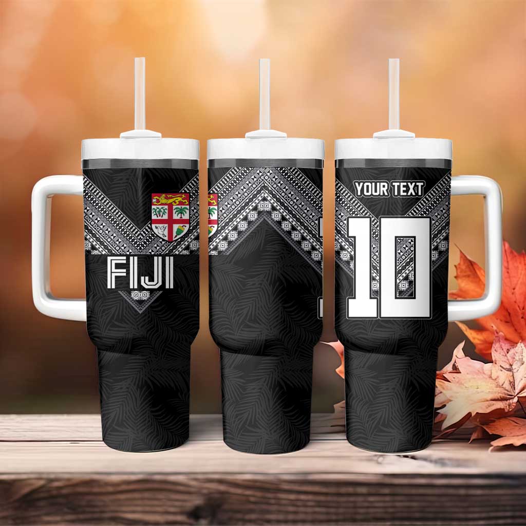 Custom Rugby Fiji Tumbler With Handle Fijian Masi Tribal Sporty Style Black Color LT03 - Polynesian Pride
