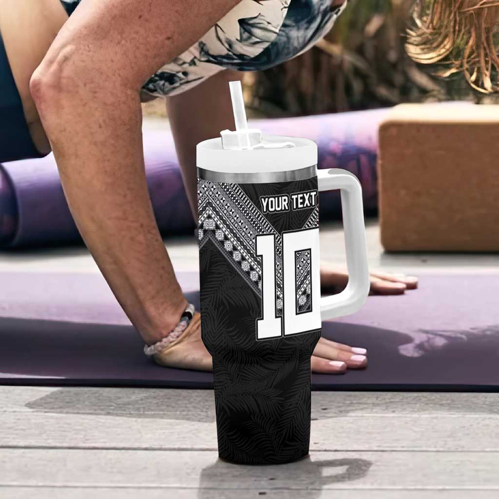 Custom Rugby Fiji Tumbler With Handle Fijian Masi Tribal Sporty Style Black Color LT03 - Polynesian Pride