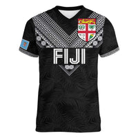 Custom Rugby Fiji Women V-Neck T-Shirt Fijian Masi Tribal Sporty Style Black Color LT03 Female Black - Polynesian Pride