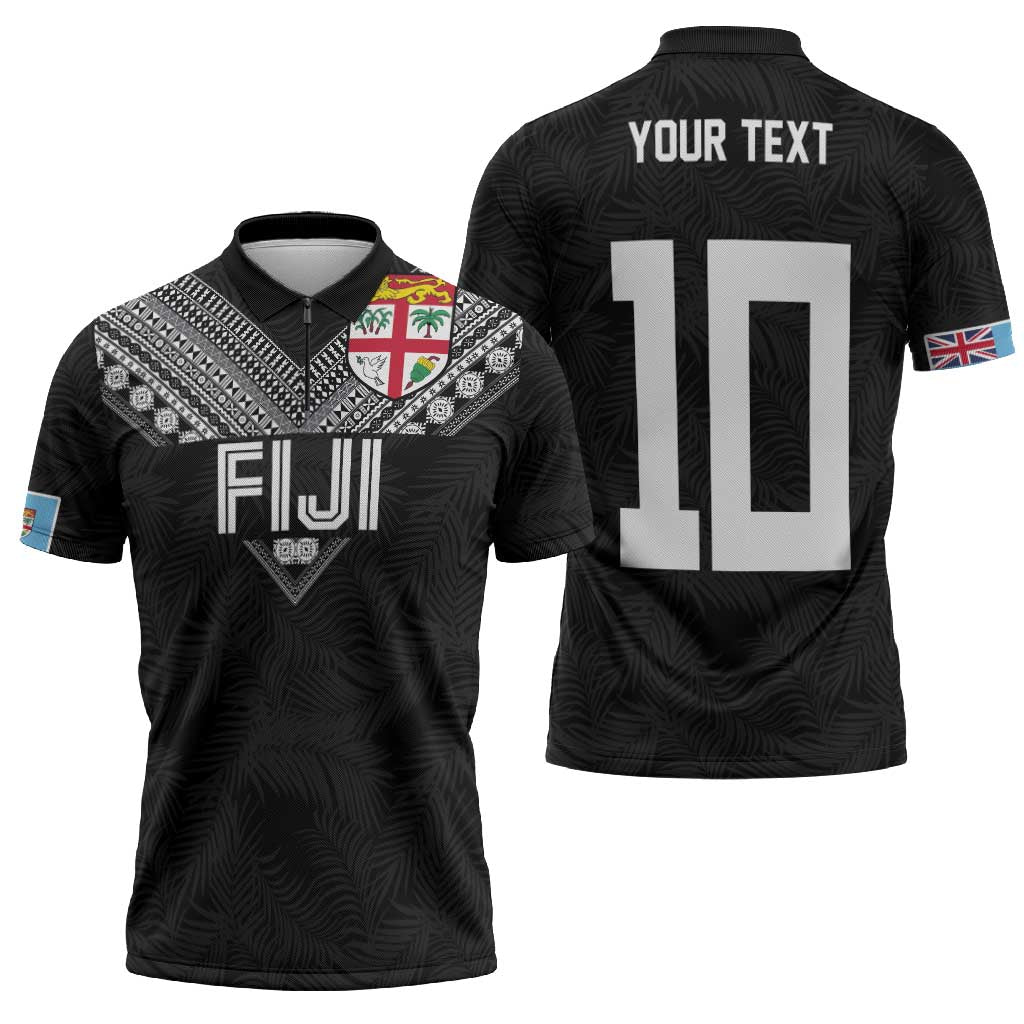 Custom Rugby Fiji Zipper Polo Shirt Fijian Masi Tribal Sporty Style Black Color LT03 - Polynesian Pride