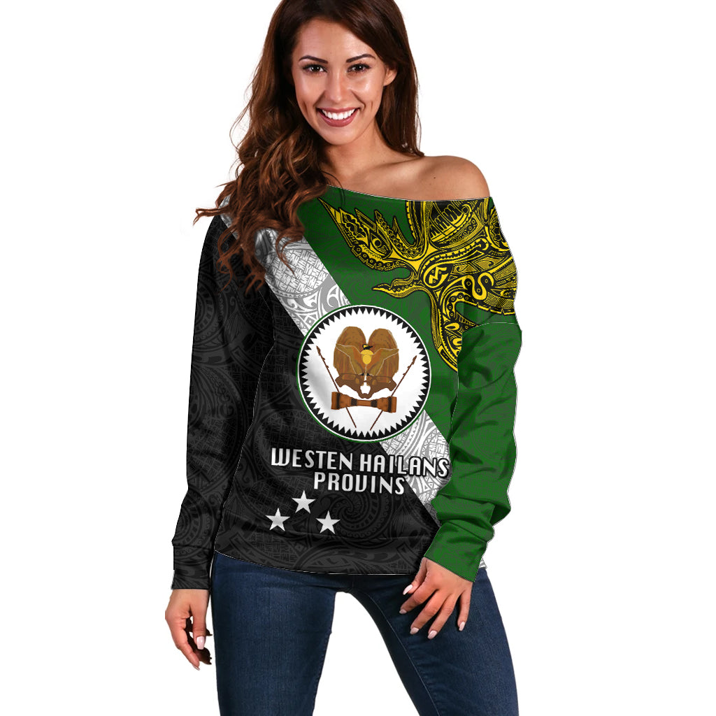 Papua New Guinea Western Highlands Province Off Shoulder Sweater PNG Birds Of Paradise Polynesian Arty Style LT03 Women Green - Polynesian Pride
