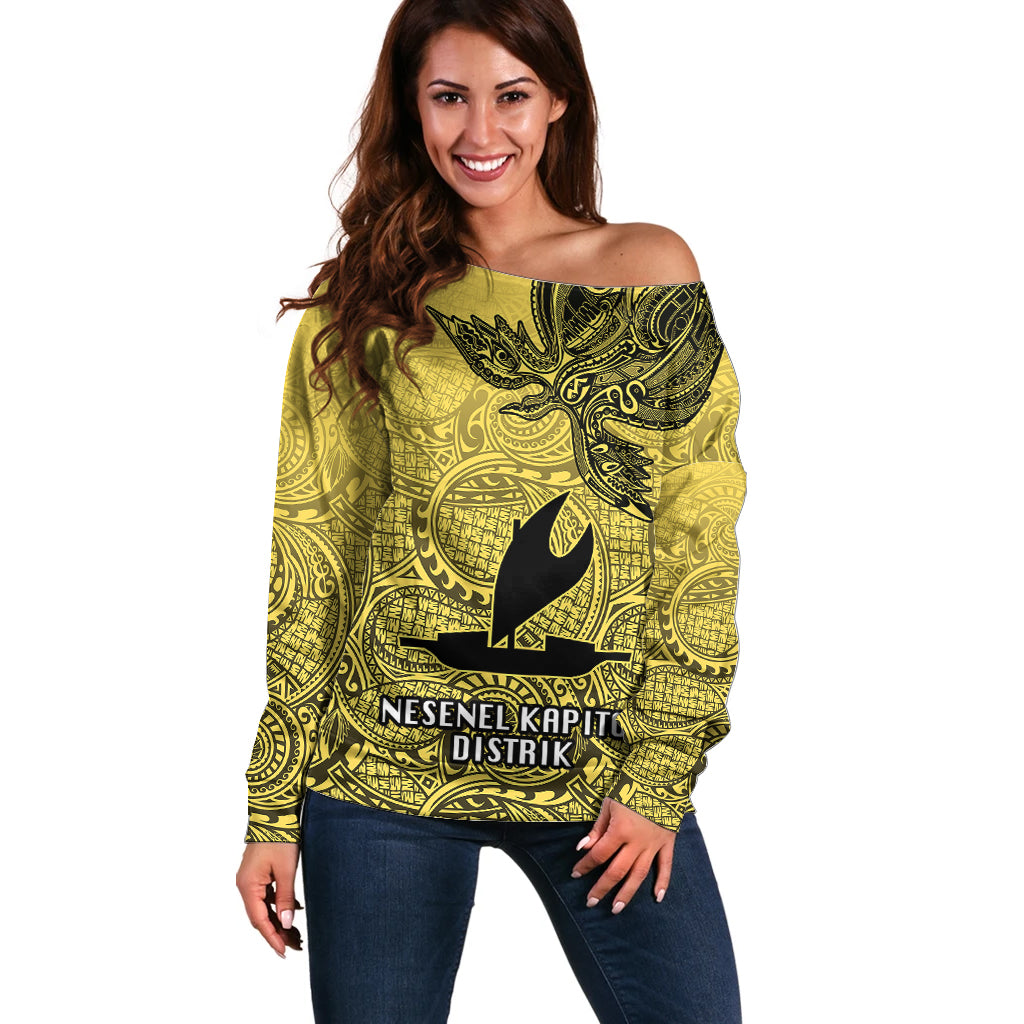 Papua New Guinea National Capital District Off Shoulder Sweater PNG Birds Of Paradise Polynesian Arty Style LT03 Women Yellow - Polynesian Pride