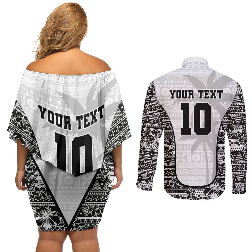 Custom Fiji Pacific Rugby 2024 Couples Matching Off Shoulder Short Dress and Long Sleeve Button Shirt Tapa Tribal and Fijian Masi Pattern LT03 - Polynesian Pride