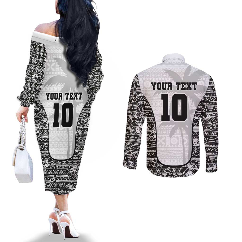 Custom Fiji Pacific Rugby 2024 Couples Matching Off The Shoulder Long Sleeve Dress and Long Sleeve Button Shirt Tapa Tribal and Fijian Masi Pattern LT03 - Polynesian Pride