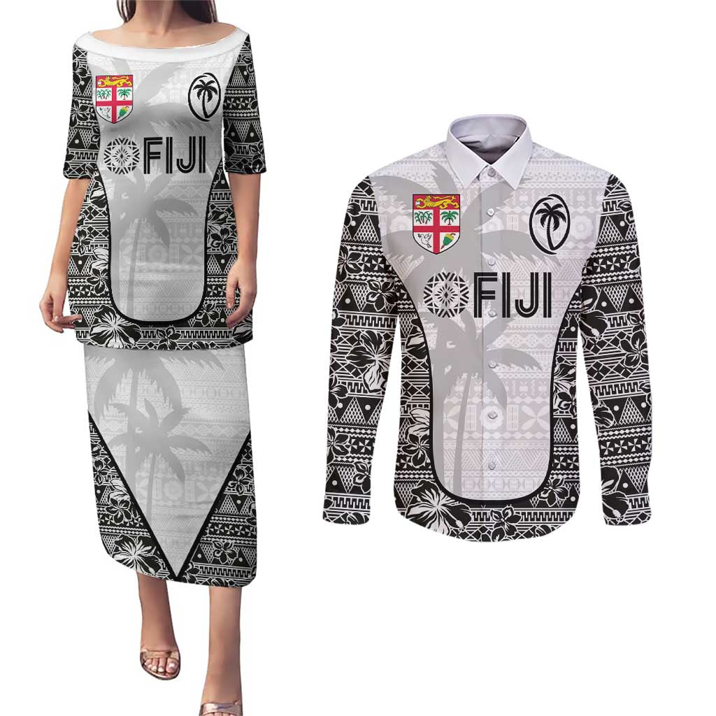 Custom Fiji Pacific Rugby 2024 Couples Matching Puletasi and Long Sleeve Button Shirt Tapa Tribal and Fijian Masi Pattern LT03 White - Polynesian Pride