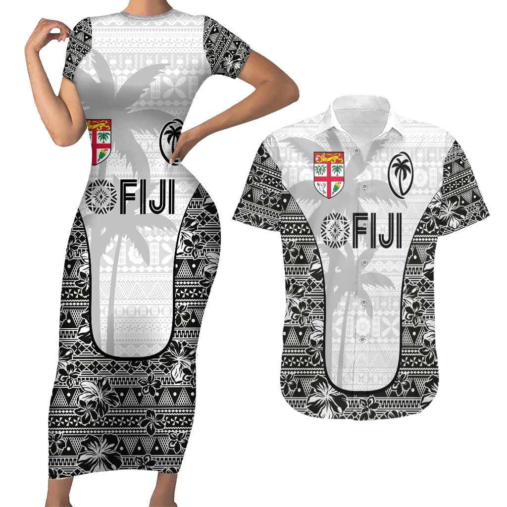 Custom Fiji Pacific Rugby 2024 Couples Matching Short Sleeve Bodycon Dress and Hawaiian Shirt Tapa Tribal and Fijian Masi Pattern LT03 White - Polynesian Pride