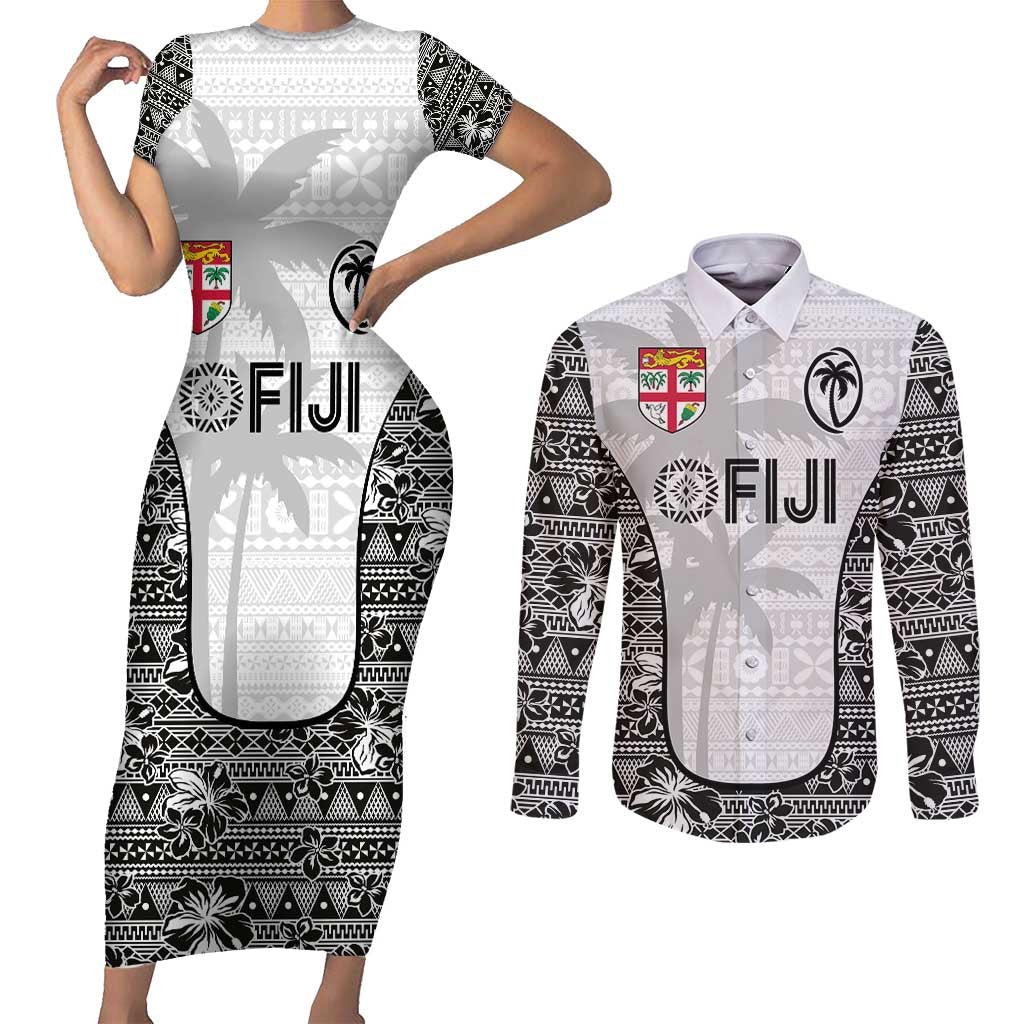 Custom Fiji Pacific Rugby 2024 Couples Matching Short Sleeve Bodycon Dress and Long Sleeve Button Shirt Tapa Tribal and Fijian Masi Pattern LT03 White - Polynesian Pride