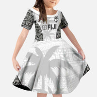 Custom Fiji Pacific Rugby 2024 Family Matching Off The Shoulder Long Sleeve Dress and Hawaiian Shirt Tapa Tribal and Fijian Masi Pattern LT03 Daughter's Dress White - Polynesian Pride