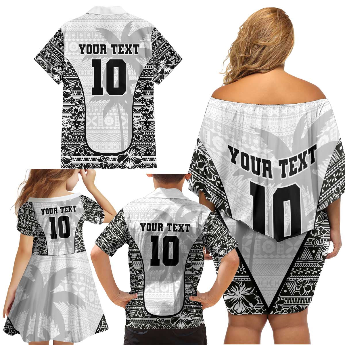 Custom Fiji Pacific Rugby 2024 Family Matching Off Shoulder Short Dress and Hawaiian Shirt Tapa Tribal and Fijian Masi Pattern LT03 - Polynesian Pride