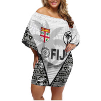 Custom Fiji Pacific Rugby 2024 Family Matching Off Shoulder Short Dress and Hawaiian Shirt Tapa Tribal and Fijian Masi Pattern LT03 Mom's Dress White - Polynesian Pride