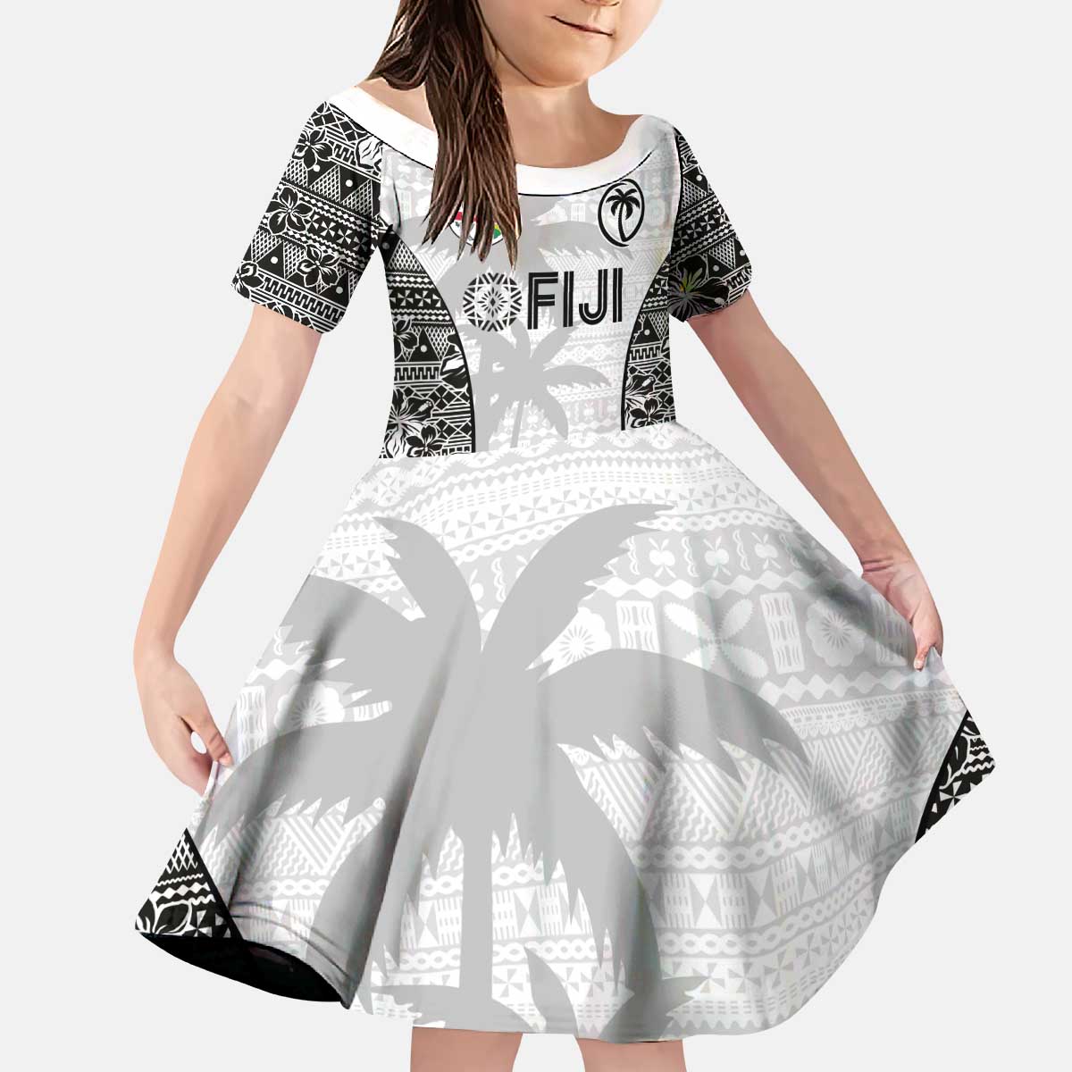 Custom Fiji Pacific Rugby 2024 Family Matching Puletasi and Hawaiian Shirt Tapa Tribal and Fijian Masi Pattern LT03 Daughter's Dress White - Polynesian Pride