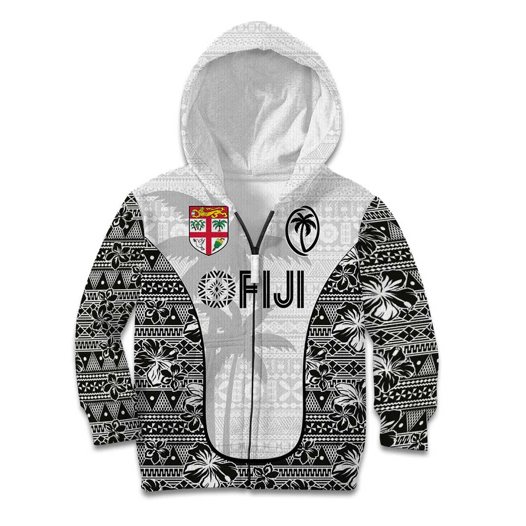 Custom Fiji Pacific Rugby 2024 Kid Hoodie Tapa Tribal and Fijian Masi Pattern LT03 Zip Hoodie White - Polynesian Pride
