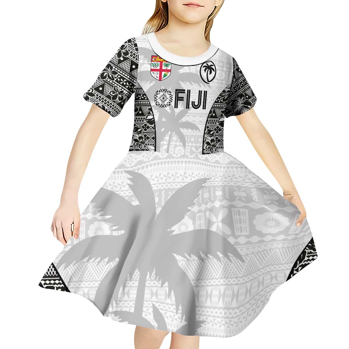 Custom Fiji Pacific Rugby 2024 Kid Short Sleeve Dress Tapa Tribal and Fijian Masi Pattern LT03 - Polynesian Pride
