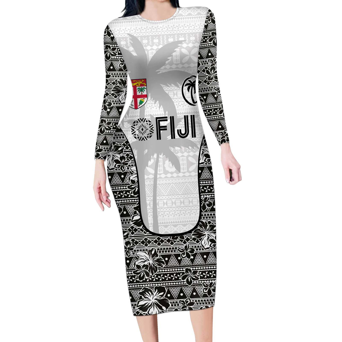 Custom Fiji Pacific Rugby 2024 Long Sleeve Bodycon Dress Tapa Tribal and Fijian Masi Pattern LT03 Long Dress White - Polynesian Pride