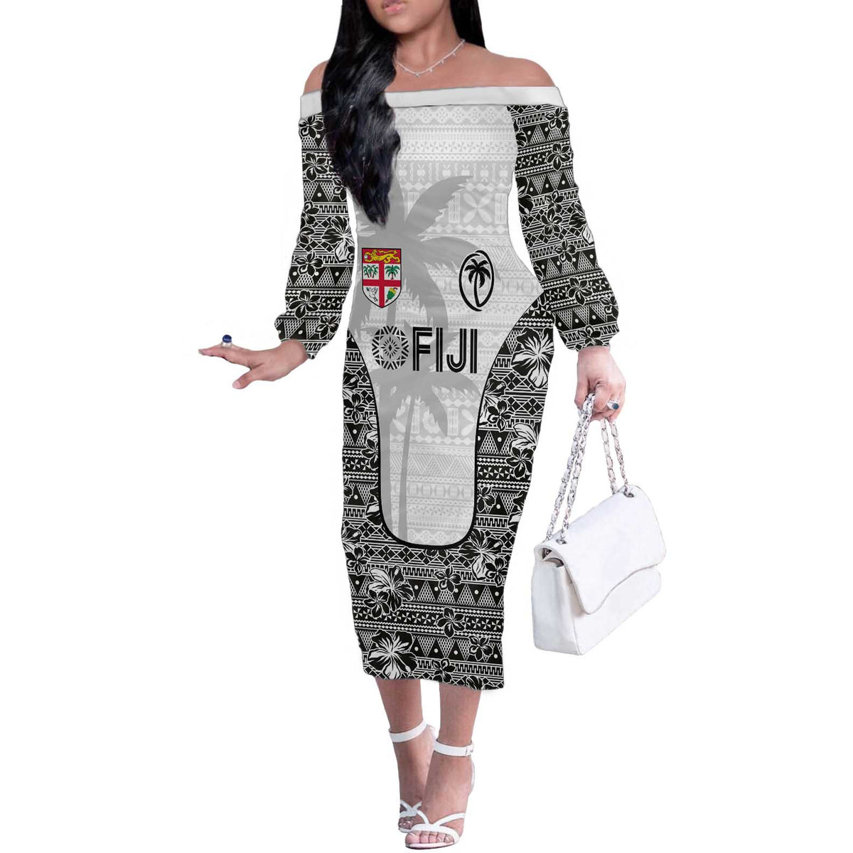 Custom Fiji Pacific Rugby 2024 Off The Shoulder Long Sleeve Dress Tapa Tribal and Fijian Masi Pattern LT03 Women White - Polynesian Pride